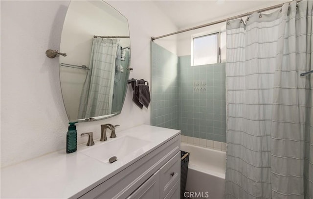 bathroom with vanity and shower / bathtub combination with curtain