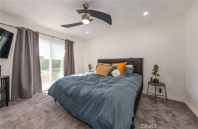 carpeted bedroom featuring ceiling fan and access to exterior