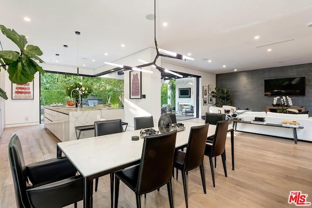 dining space with sink and light hardwood / wood-style flooring