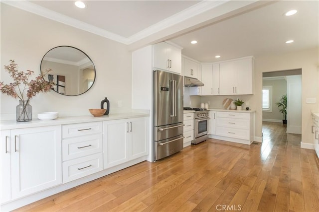 kitchen featuring white cabinetry, light wood-type flooring, and premium appliances