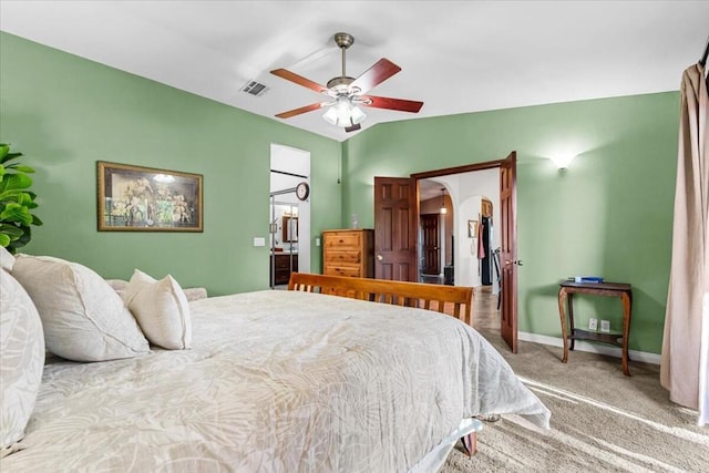 bedroom featuring ceiling fan and carpet floors