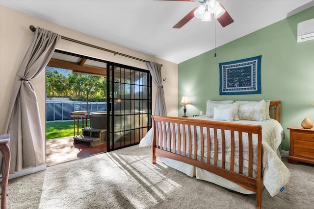 carpeted bedroom featuring ceiling fan, vaulted ceiling, and a wall unit AC