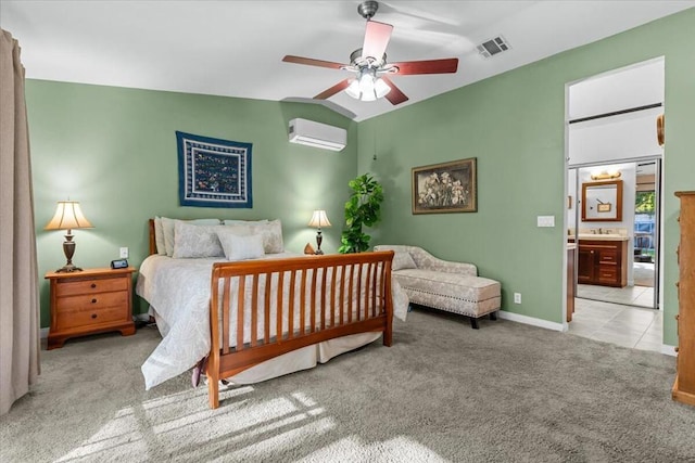 carpeted bedroom featuring ceiling fan, a wall mounted AC, connected bathroom, and lofted ceiling