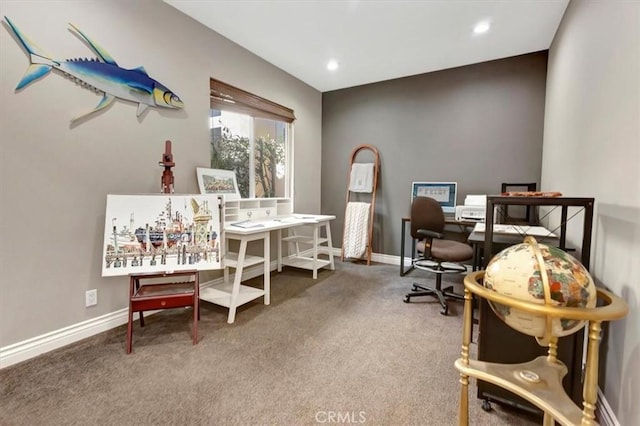 carpeted home office featuring baseboards and recessed lighting