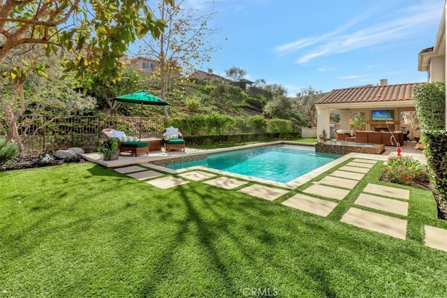 view of pool with an outdoor hangout area, a patio, and a yard