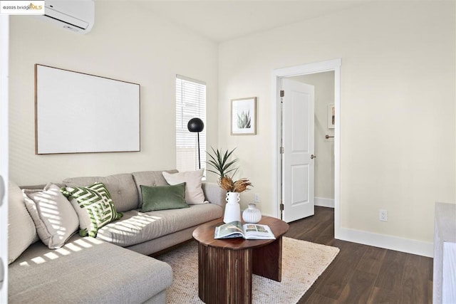 living room with dark hardwood / wood-style flooring and a wall unit AC