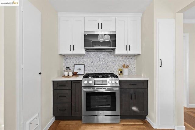 kitchen with stainless steel appliances, tasteful backsplash, dark brown cabinets, white cabinets, and light hardwood / wood-style flooring