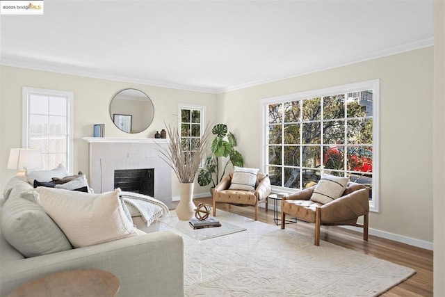 living room with a brick fireplace, plenty of natural light, hardwood / wood-style floors, and ornamental molding