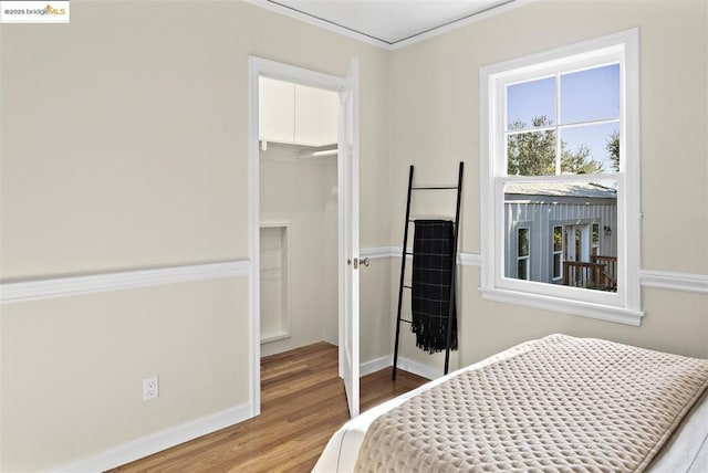 bedroom featuring a spacious closet, a closet, ornamental molding, and hardwood / wood-style floors