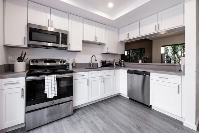 kitchen with a raised ceiling, sink, white cabinetry, light wood-type flooring, and stainless steel appliances