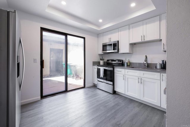 kitchen with sink, white cabinets, appliances with stainless steel finishes, and a raised ceiling