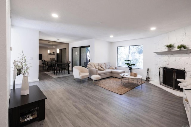 living room with dark wood-type flooring and a fireplace