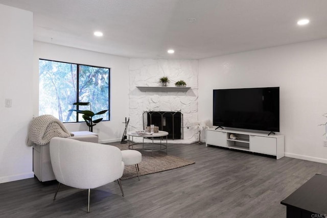 living room featuring dark hardwood / wood-style flooring and a fireplace