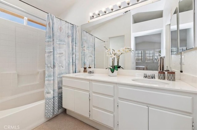 bathroom with vanity and shower / bath combo with shower curtain