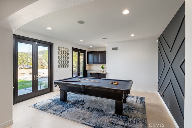 recreation room with pool table and french doors