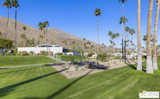 view of community featuring a mountain view and a lawn