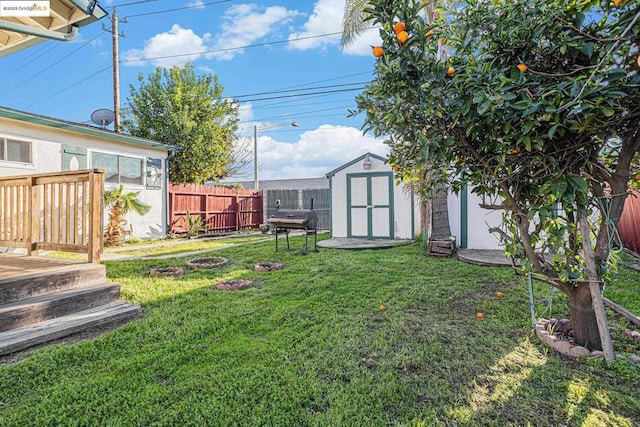 view of yard featuring a shed and a wooden deck