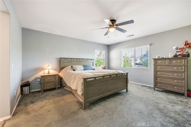 bedroom with ceiling fan and dark colored carpet