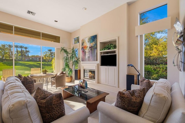 living room featuring built in features