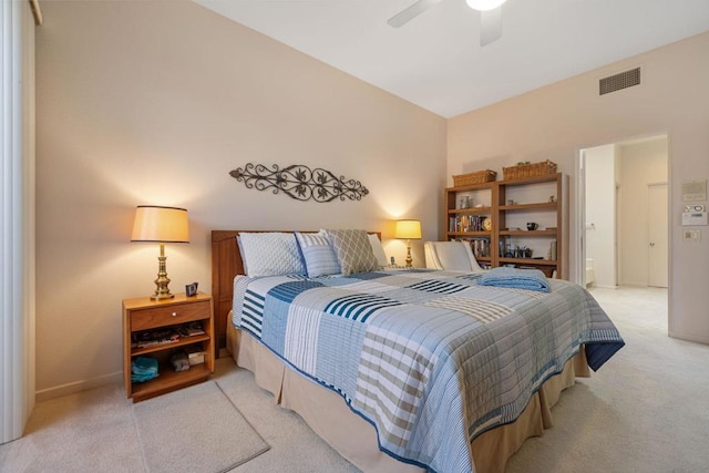 bedroom featuring ceiling fan and light colored carpet