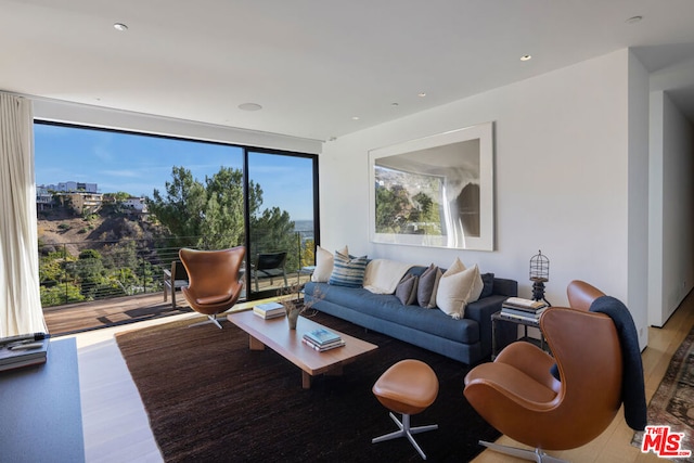 living room with hardwood / wood-style flooring and floor to ceiling windows