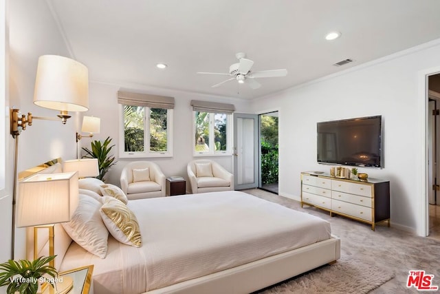 bedroom with carpet floors, access to outside, ceiling fan, and ornamental molding