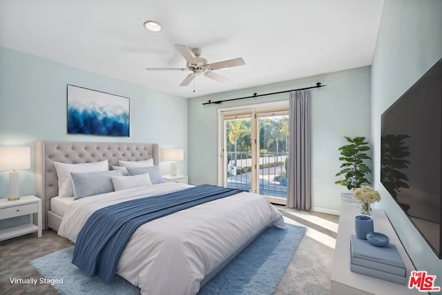 bedroom featuring access to exterior and ceiling fan