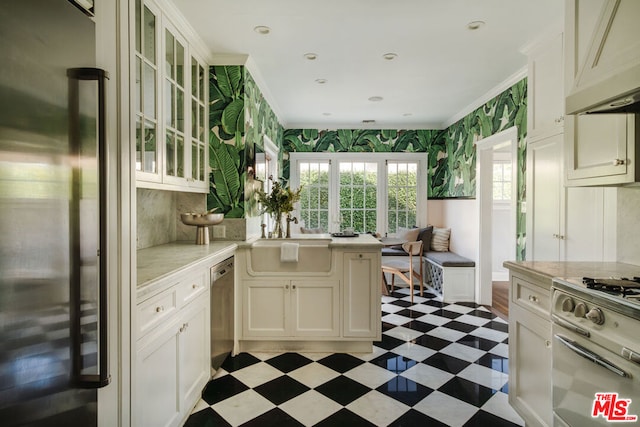 kitchen with white cabinetry, sink, appliances with stainless steel finishes, custom exhaust hood, and ornamental molding