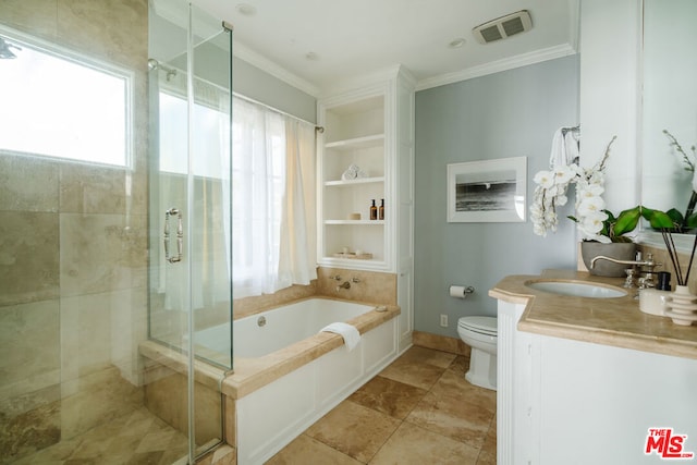 full bathroom with independent shower and bath, vanity, toilet, and ornamental molding