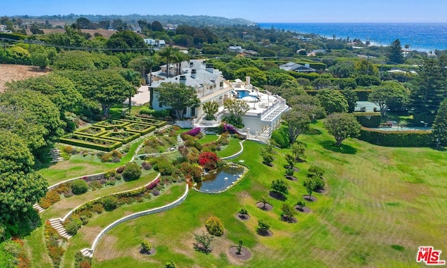 drone / aerial view featuring a water view