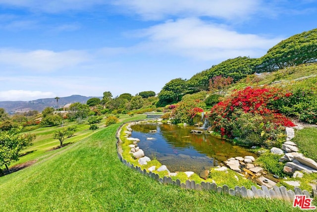 view of property's community with a yard and a water and mountain view