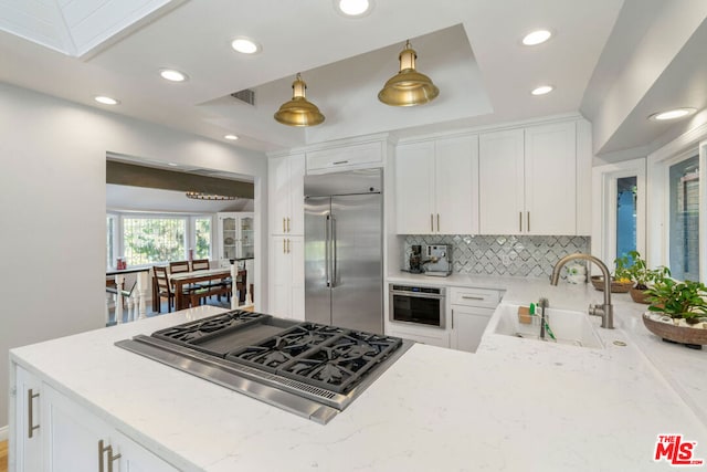 kitchen featuring sink, appliances with stainless steel finishes, a tray ceiling, light stone counters, and white cabinetry