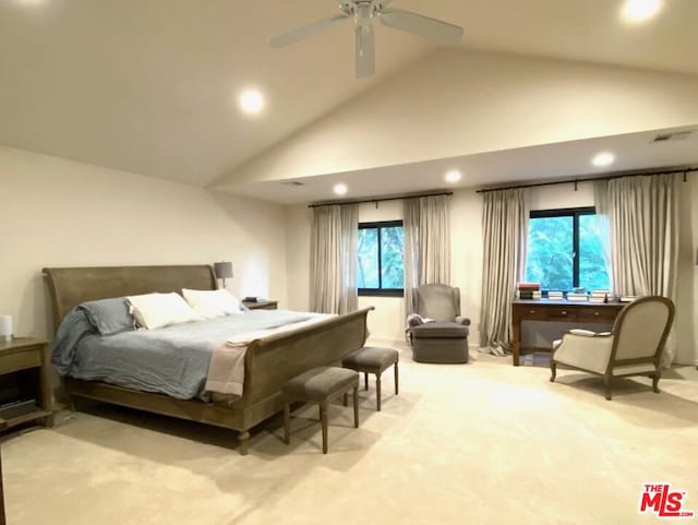 bedroom featuring light carpet, ceiling fan, and lofted ceiling