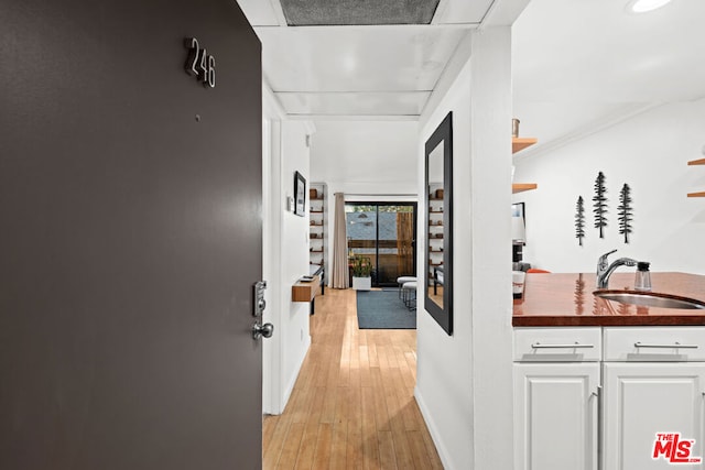 hall with sink and light hardwood / wood-style flooring