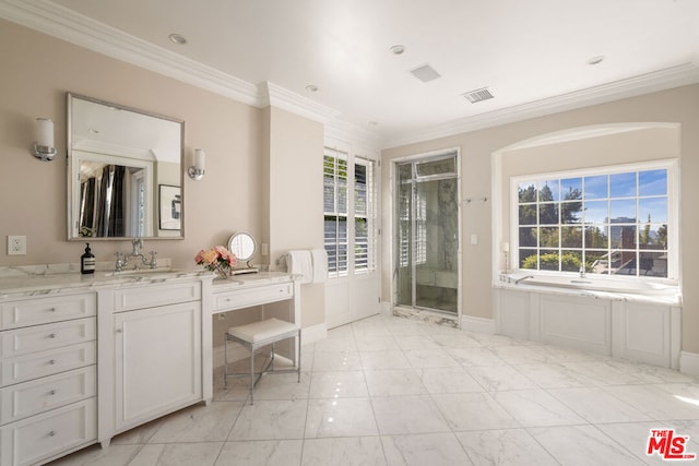 bathroom with vanity, independent shower and bath, and ornamental molding