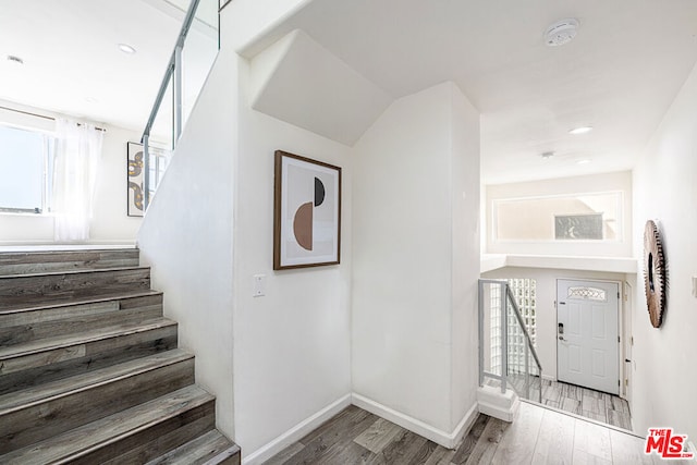 stairway with wood-type flooring