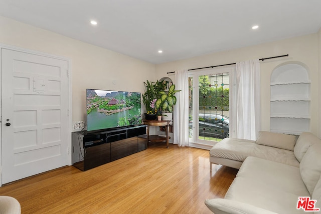 living room with built in shelves and hardwood / wood-style flooring