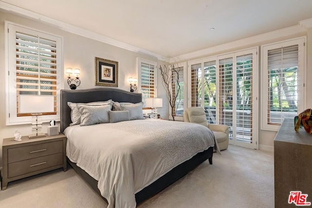 bedroom featuring access to outside, crown molding, and light colored carpet