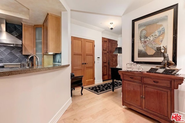 interior space with light wood-type flooring, crown molding, and sink