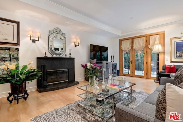 living room featuring hardwood / wood-style flooring, french doors, and a tray ceiling