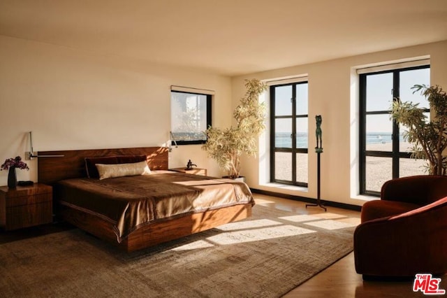 bedroom featuring hardwood / wood-style floors and a water view