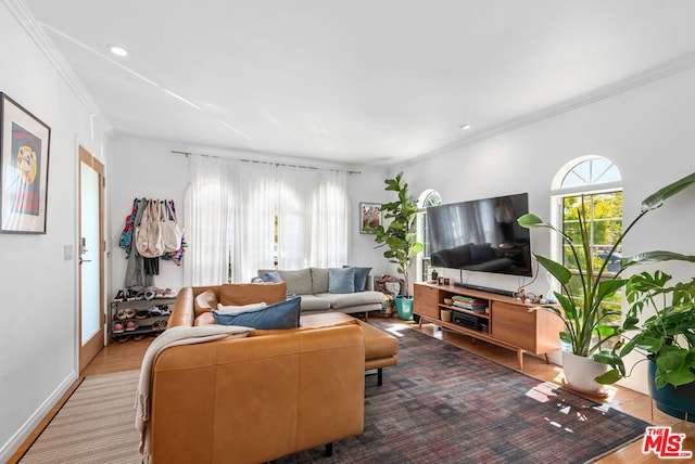 living room with light hardwood / wood-style floors and ornamental molding