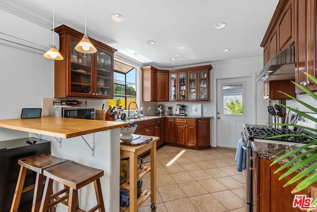 kitchen featuring hanging light fixtures, wooden counters, stainless steel range with gas stovetop, a breakfast bar, and ornamental molding