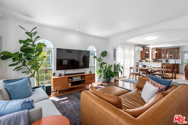 living room featuring crown molding, a wall mounted AC, and dark wood-type flooring