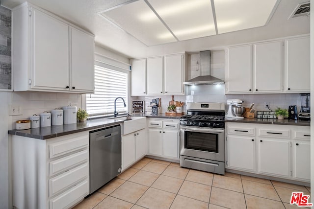 kitchen featuring white cabinets, wall chimney range hood, and stainless steel appliances