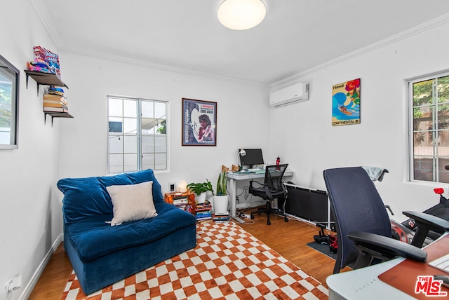 office area featuring a wall mounted air conditioner, hardwood / wood-style flooring, and ornamental molding