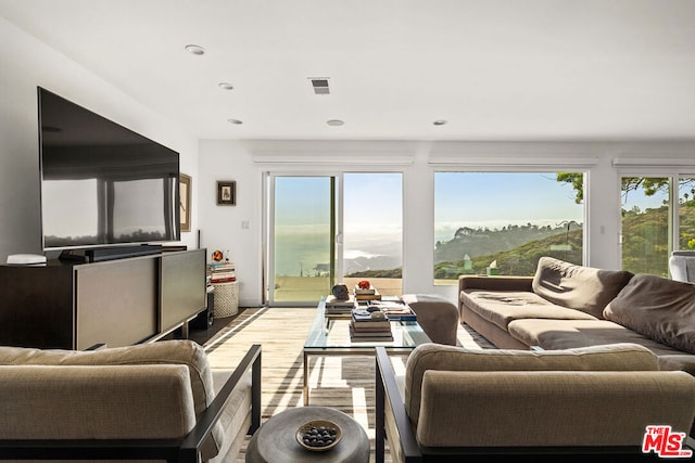 living room featuring a mountain view and light hardwood / wood-style flooring