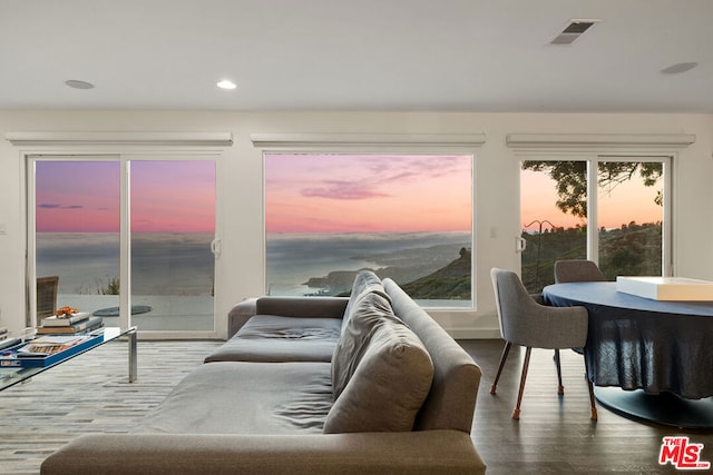 living room with hardwood / wood-style flooring and a water view