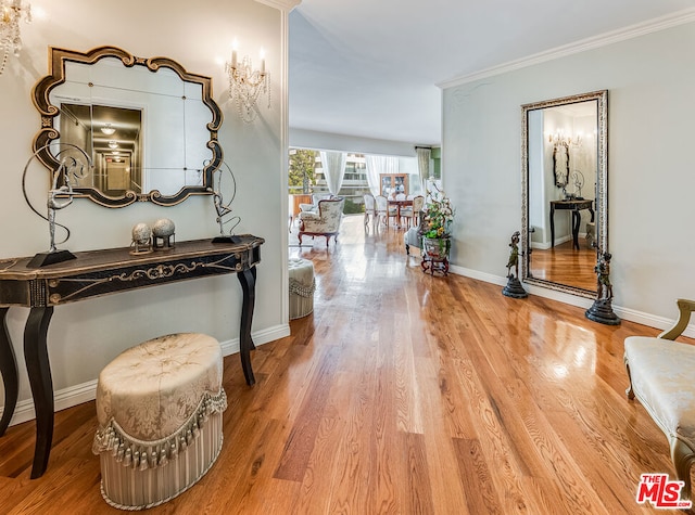 corridor featuring wood-type flooring and crown molding