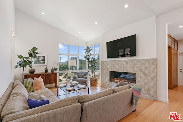 living room with light wood-type flooring and vaulted ceiling